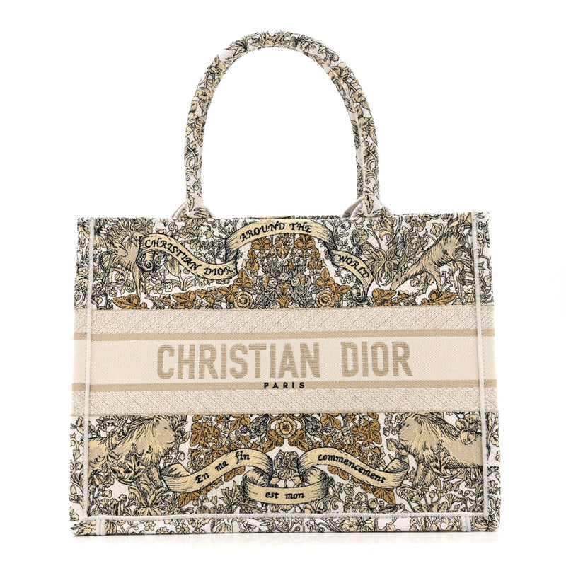 DIOR CANVAS EMBROIDERED MEDIUM AROUND THE WORLD BOOK TOTE GOLD
