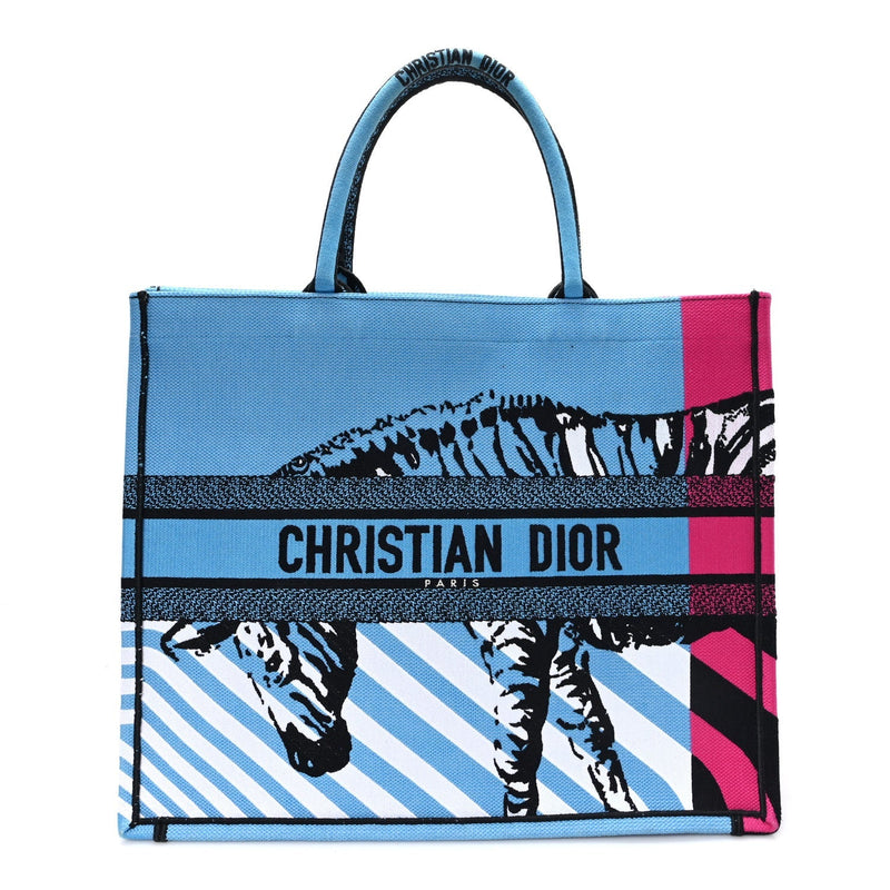DIOR CANVAS EMBROIDERED LARGE JUNGLE POP BOOK TOTE BLUE MULTICOLOR