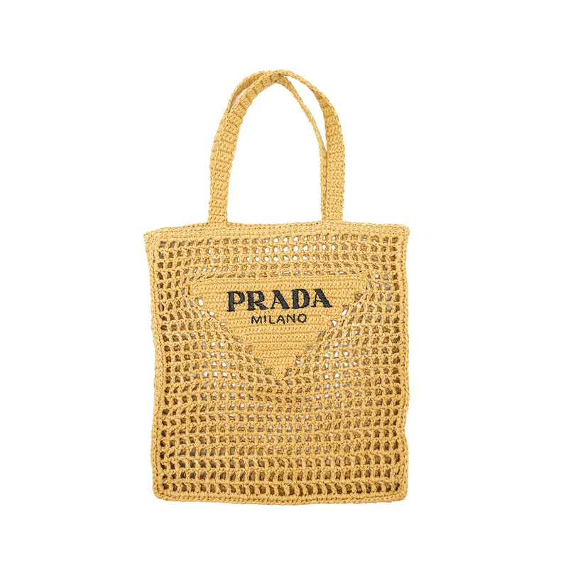 PRADA CROCHET TOTE BAG RAFFIA TAN