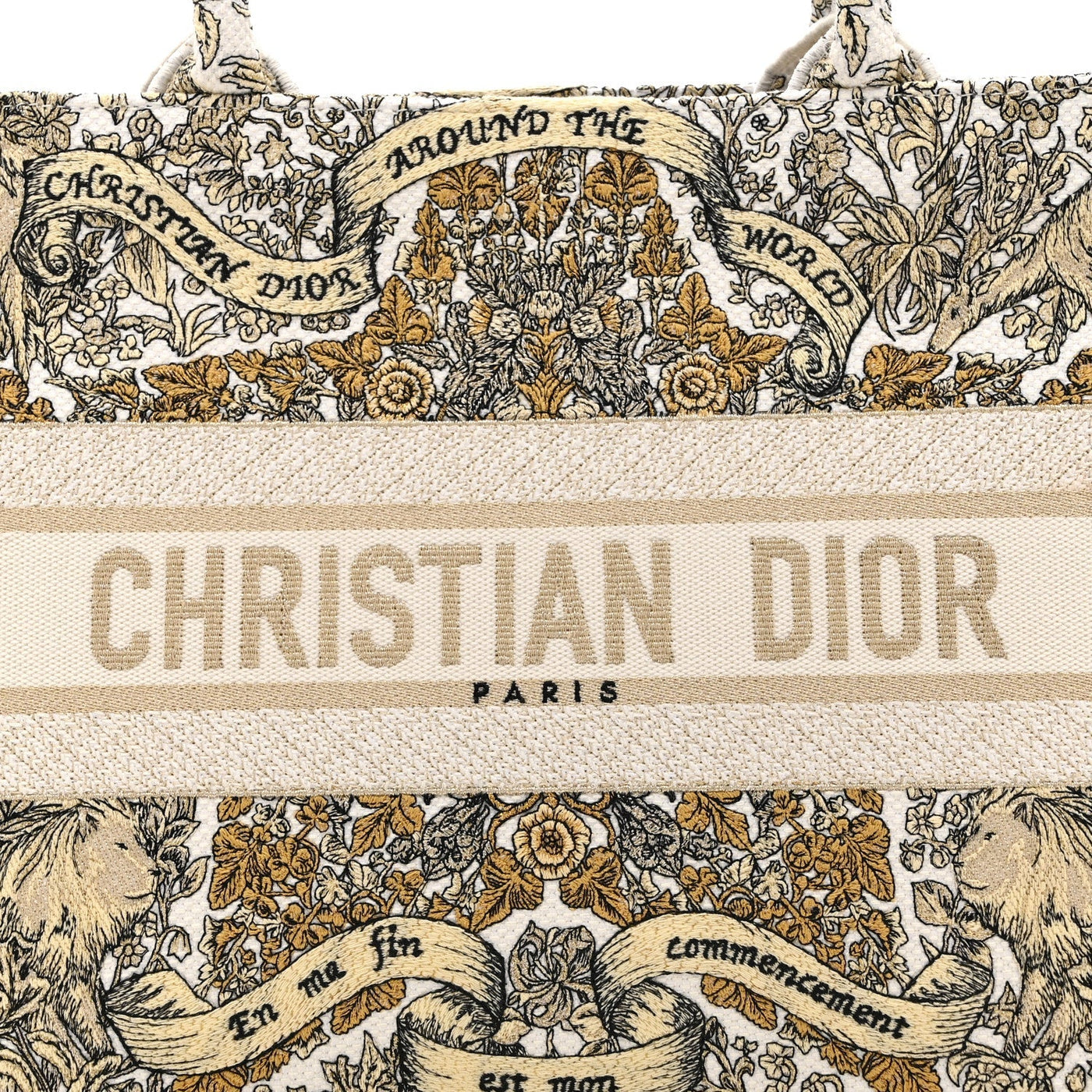 DIOR CANVAS EMBROIDERED MEDIUM AROUND THE WORLD BOOK TOTE GOLD