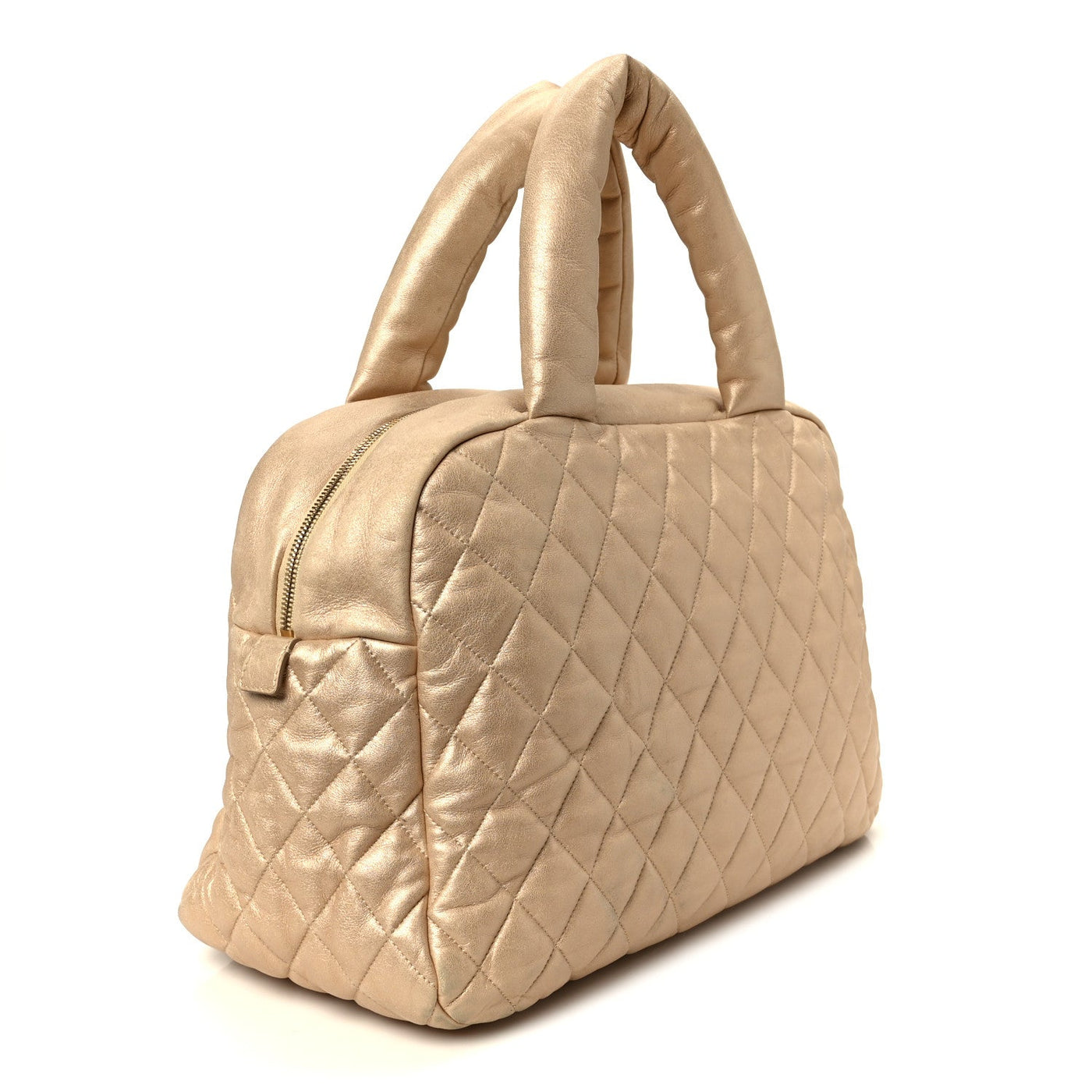 CHANEL METALLIC LAMBSKIN QUILTED COCO COCOON BOWLER LIGHT GOLD