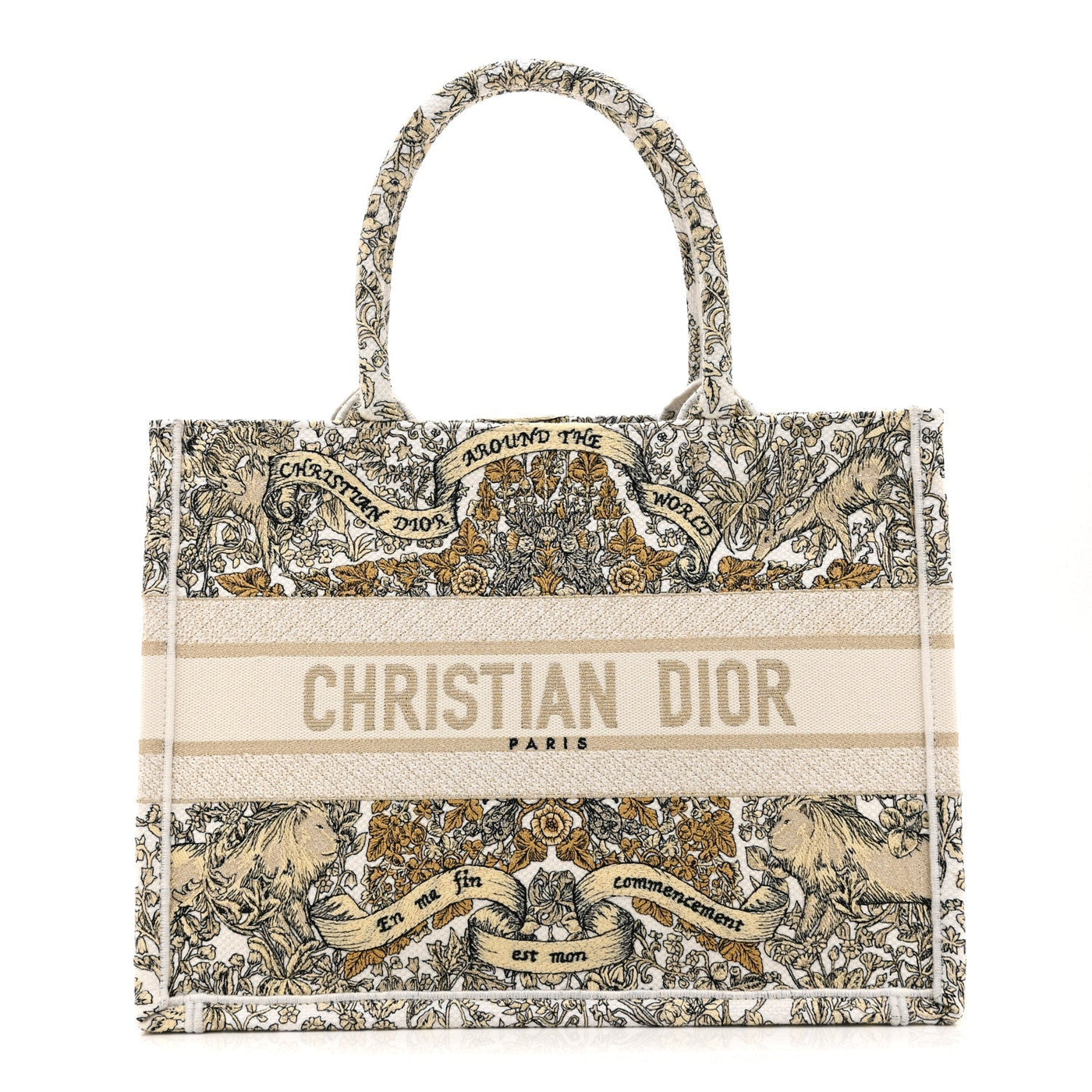 DIOR CANVAS EMBROIDERED MEDIUM AROUND THE WORLD BOOK TOTE GOLD