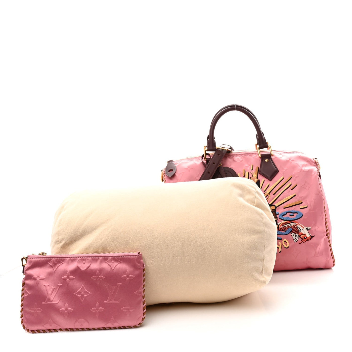 LOUIS VUITTON SATIN MONOGRAM PARIS TOKYO EMBROIDERED SPEEDY P9 BANDOULIERE 40 DARK PINK