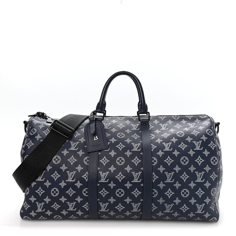 LOUIS VUITTON CALFSKIN SHADOW MONOGRAM KEEPALL BANDOULIERE 50 INK BLUE WHITE