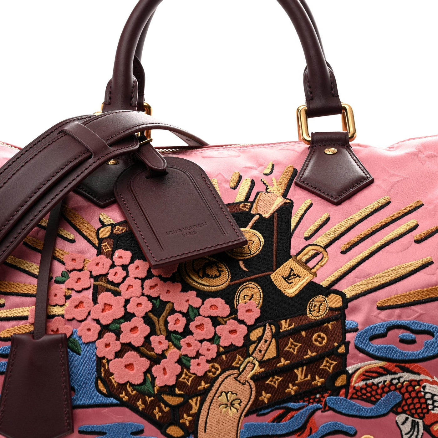 LOUIS VUITTON SATIN MONOGRAM PARIS TOKYO EMBROIDERED SPEEDY P9 BANDOULIERE 40 DARK PINK