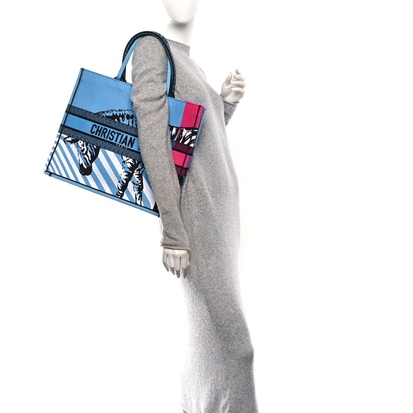 DIOR CANVAS EMBROIDERED LARGE JUNGLE POP BOOK TOTE BLUE MULTICOLOR