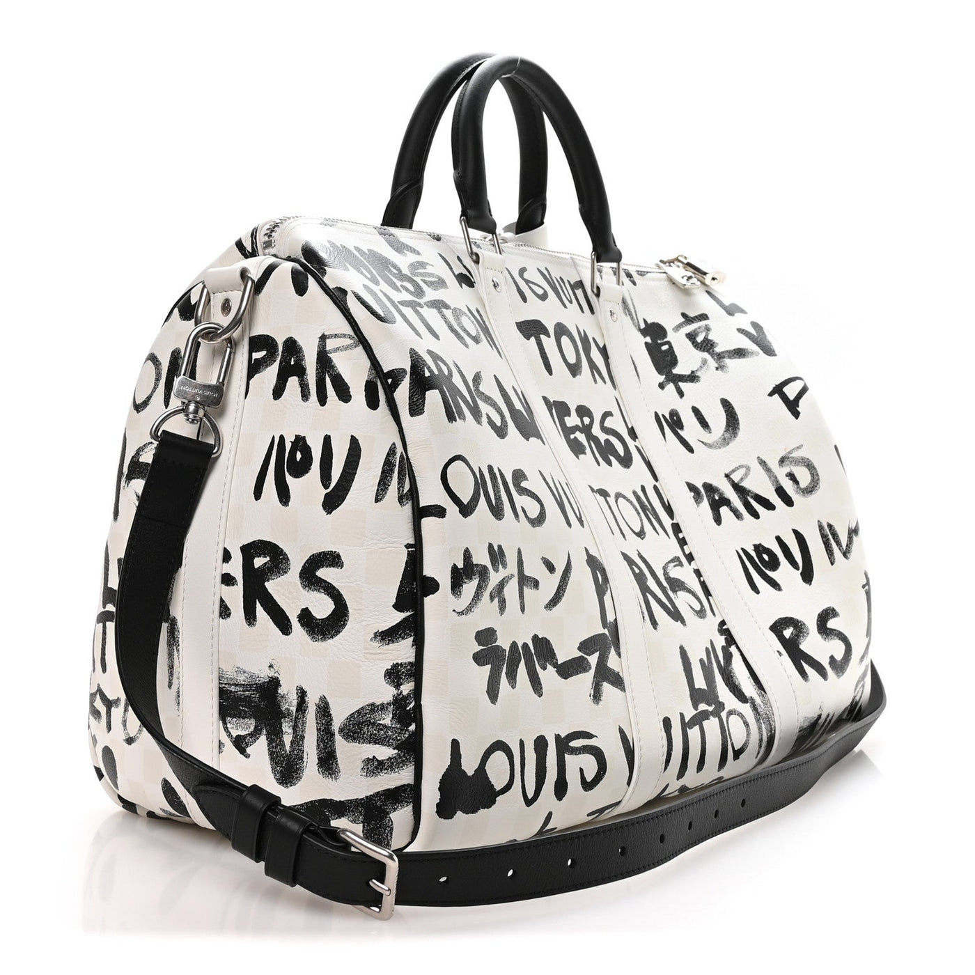 COWHIDE DAMIER LV DYNASTY KEEPALL BANDOULIERE 50 WHITE BLACK