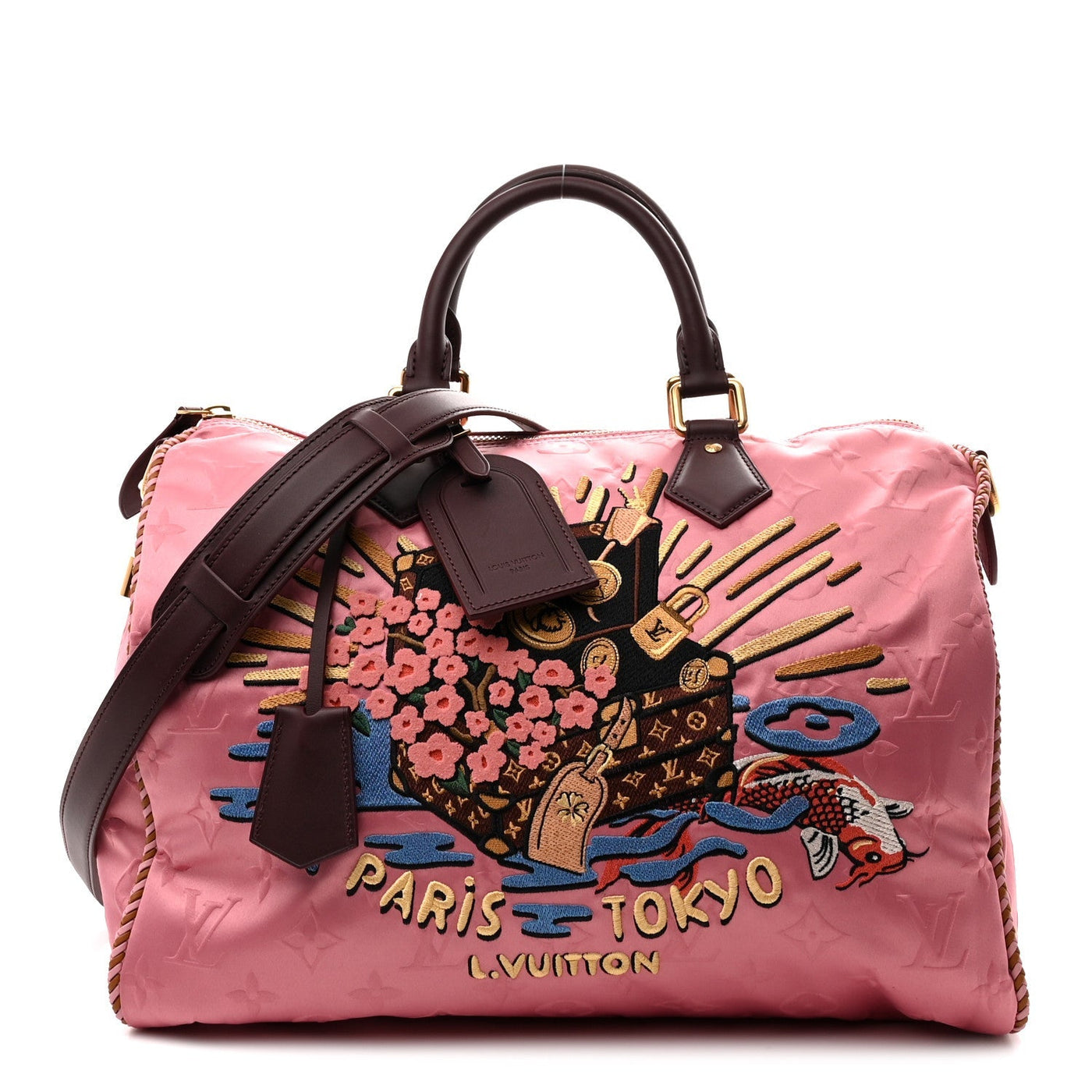 LOUIS VUITTON SATIN MONOGRAM PARIS TOKYO EMBROIDERED SPEEDY P9 BANDOULIERE 40 DARK PINK