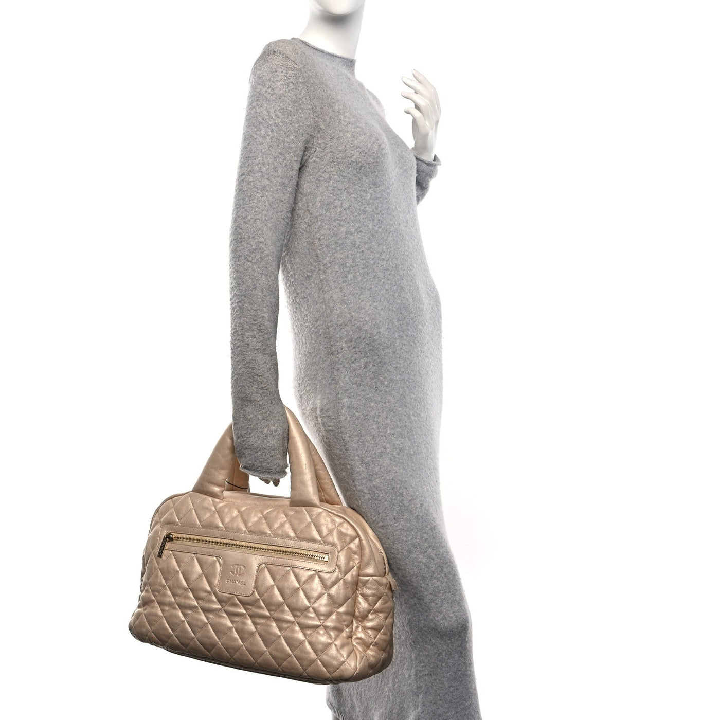 CHANEL METALLIC LAMBSKIN QUILTED COCO COCOON BOWLER LIGHT GOLD