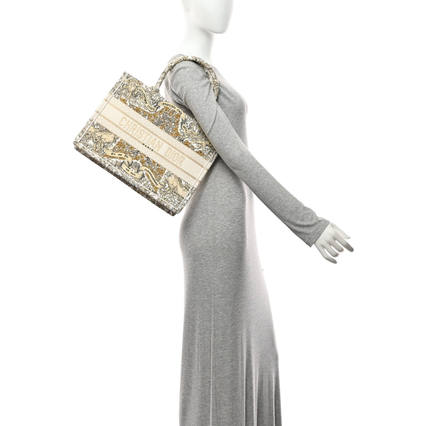 DIOR CANVAS EMBROIDERED MEDIUM AROUND THE WORLD BOOK TOTE GOLD