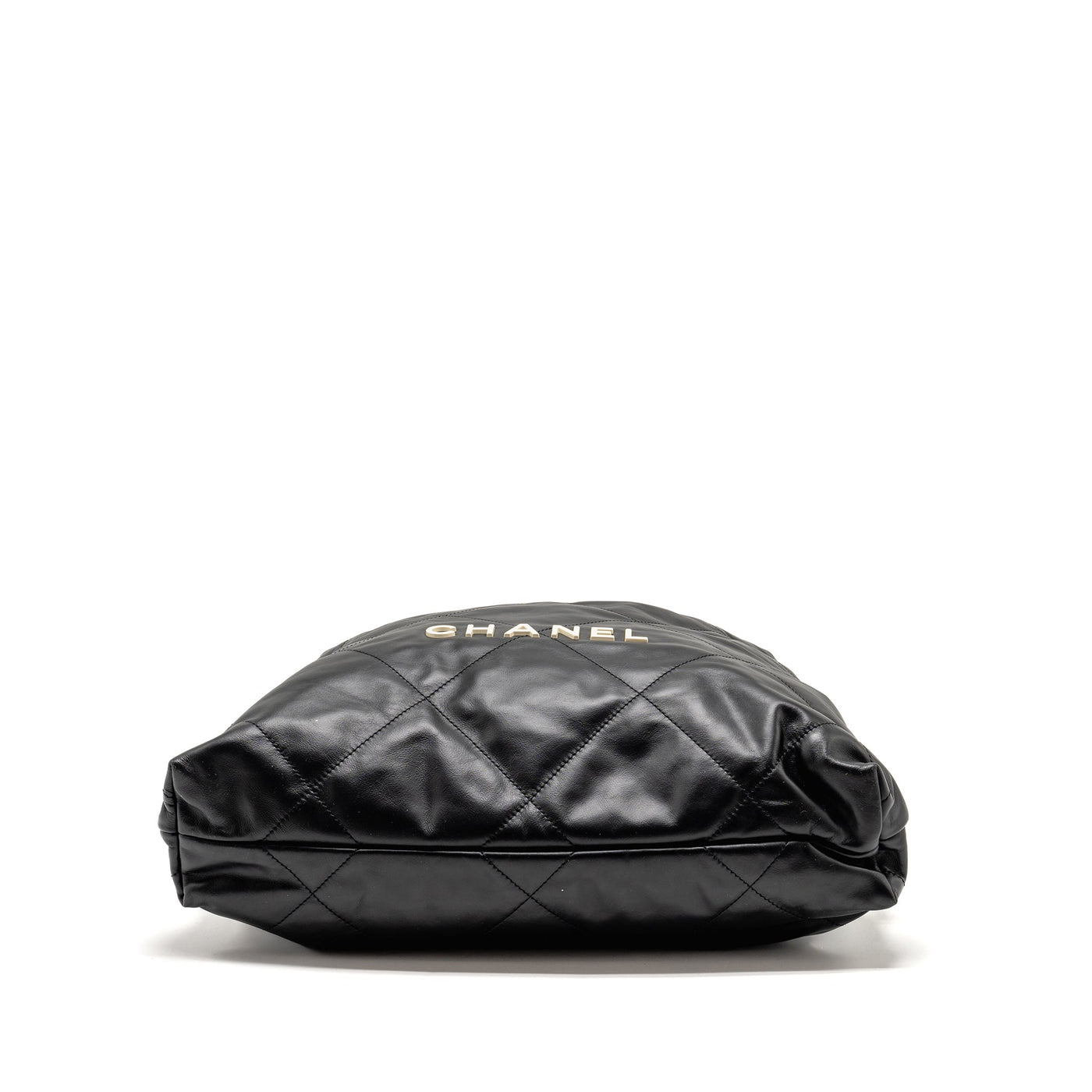 CHANEL 22 BACKPACK WHITE LETTER LOGO SHINY CALFSKIN BLACK GHW (MICROCHIP)