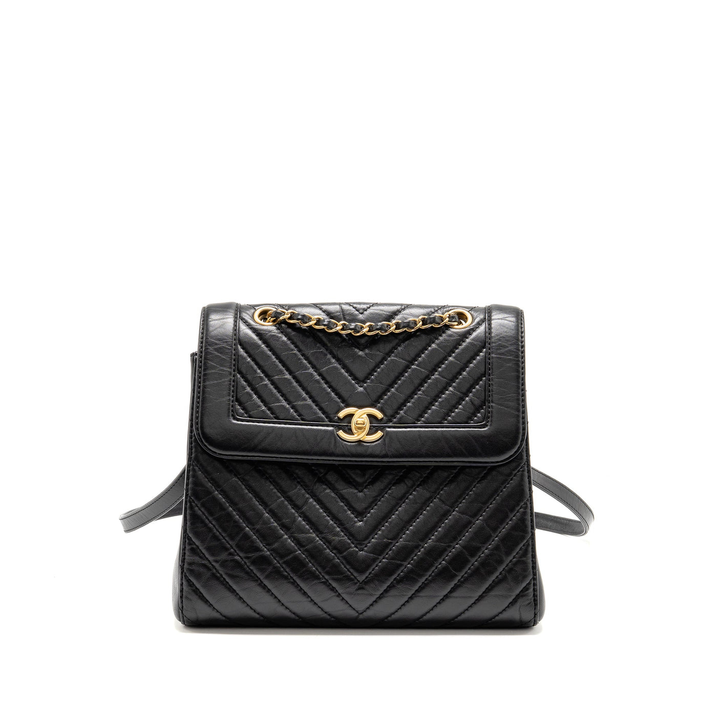 CHANEL CHEVRON FRAME QUILTED BACKPACK AGED CALFSKIN BLACK GHW