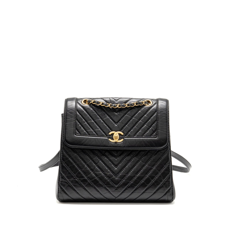 CHANEL CHEVRON FRAME QUILTED BACKPACK AGED CALFSKIN BLACK GHW