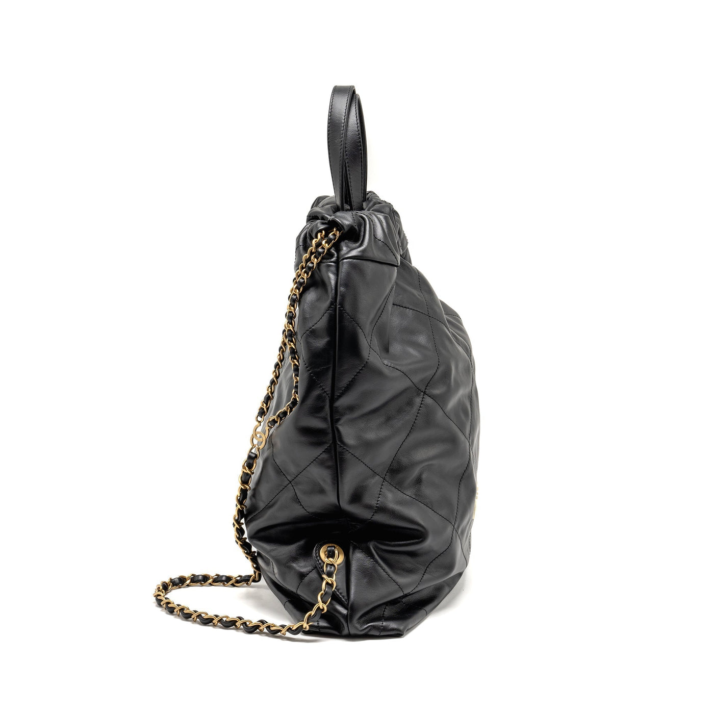 CHANEL 22 BACKPACK WHITE LETTER LOGO SHINY CALFSKIN BLACK GHW (MICROCHIP)