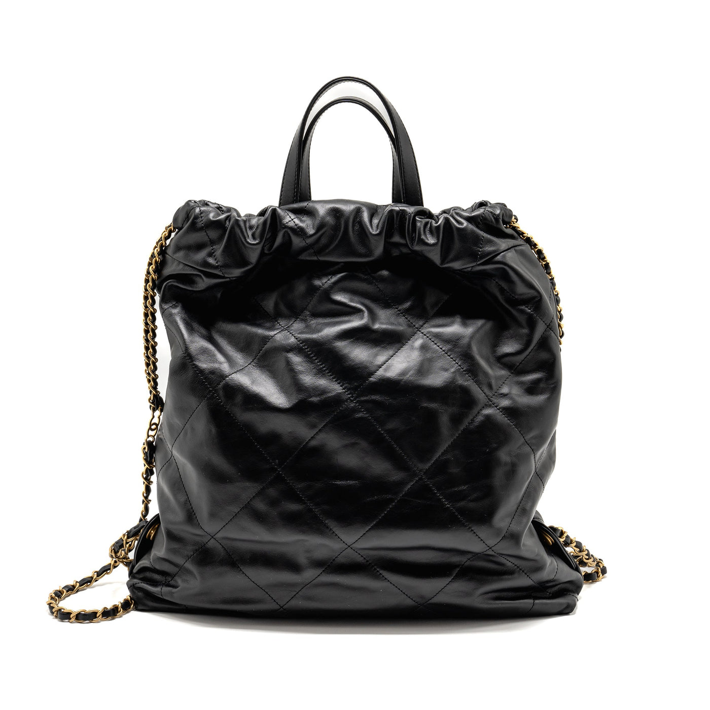 CHANEL 22 BACKPACK WHITE LETTER LOGO SHINY CALFSKIN BLACK GHW (MICROCHIP)