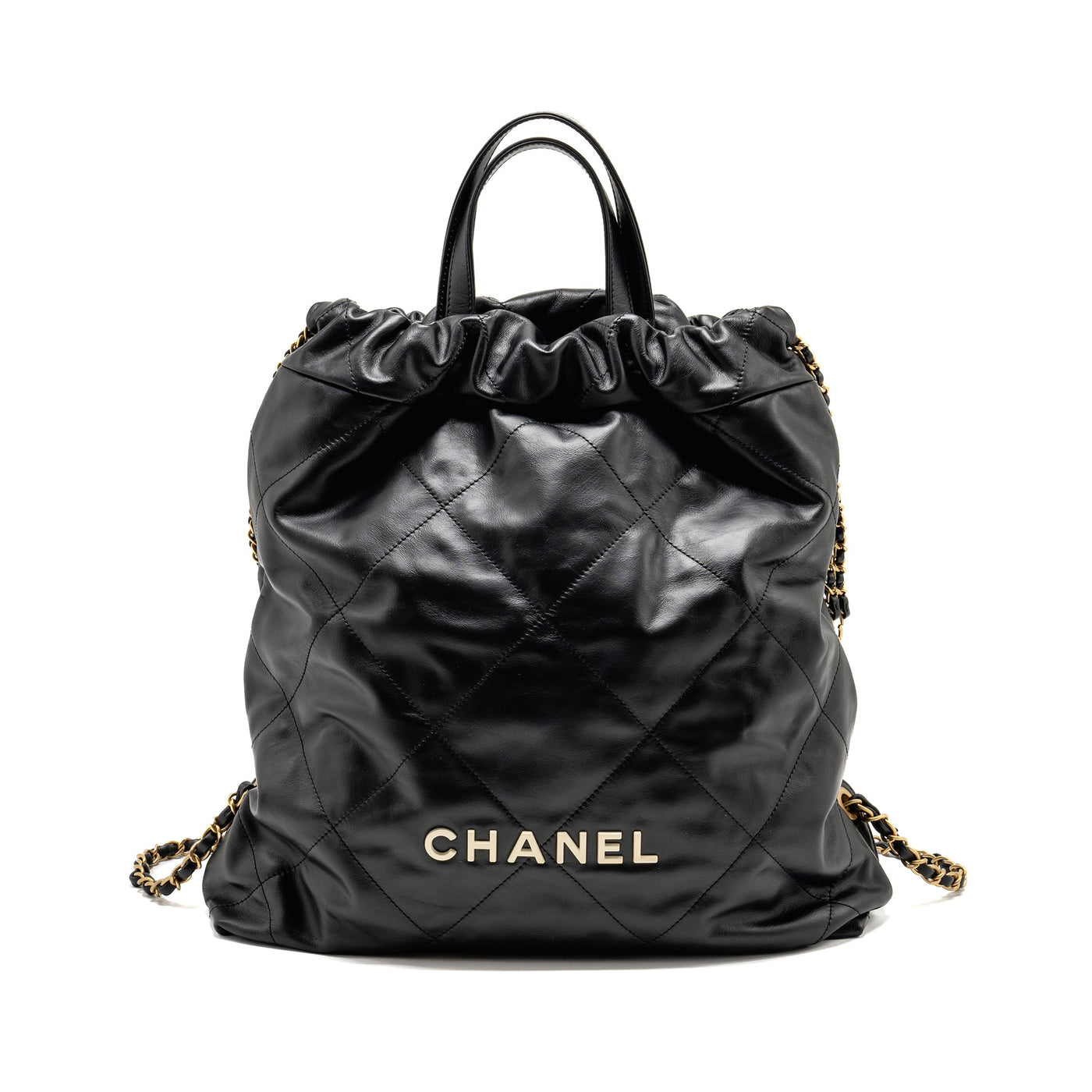 CHANEL 22 BACKPACK WHITE LETTER LOGO SHINY CALFSKIN BLACK GHW (MICROCHIP)