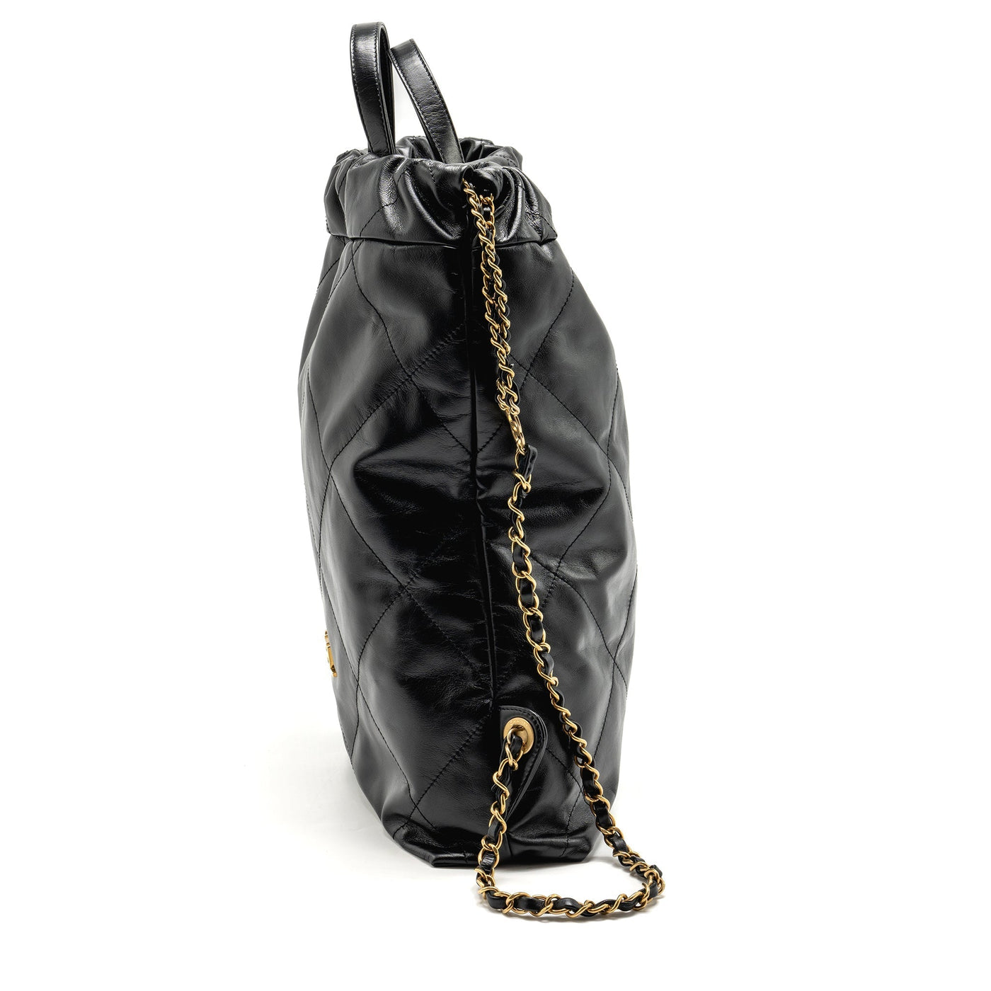 CHANEL LARGE 22 BACKPACK GOLD LETTER LOGO SHINY CALFSKIN BLACK GHW(MICROCHIP)