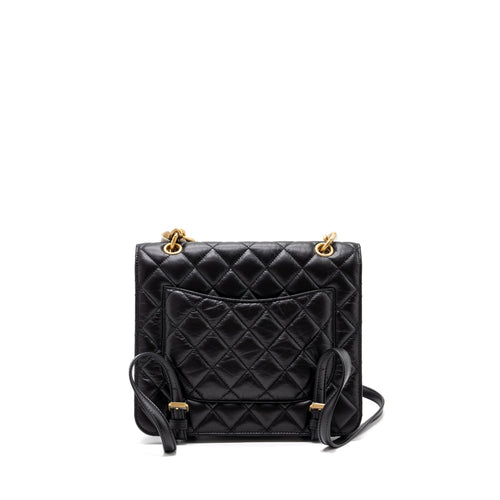 CHANEL 23S FLAP BACKPACK CALFSKIN BLACK BRUSHED GHW (MICROCHIP)