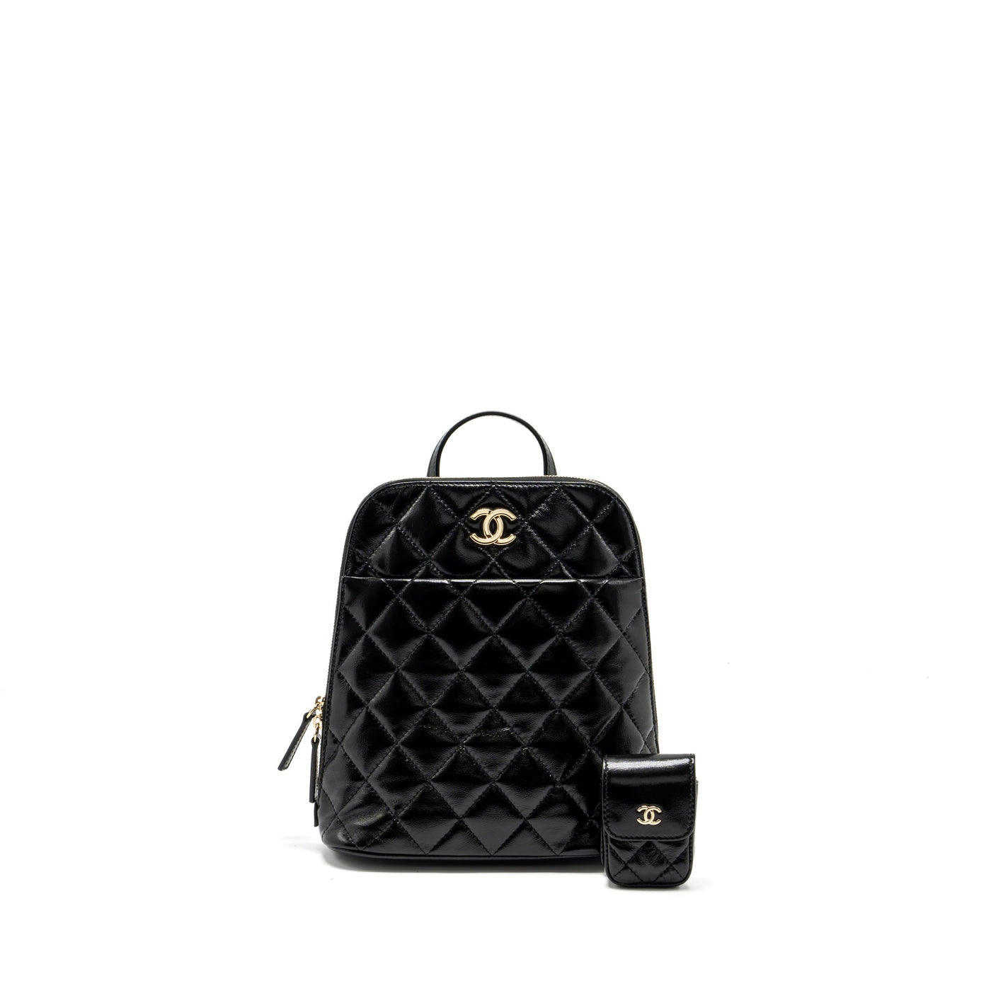 CHANEL 22A MINI BACKPACK PATENT BLACK LGHW (MICROCHIP)