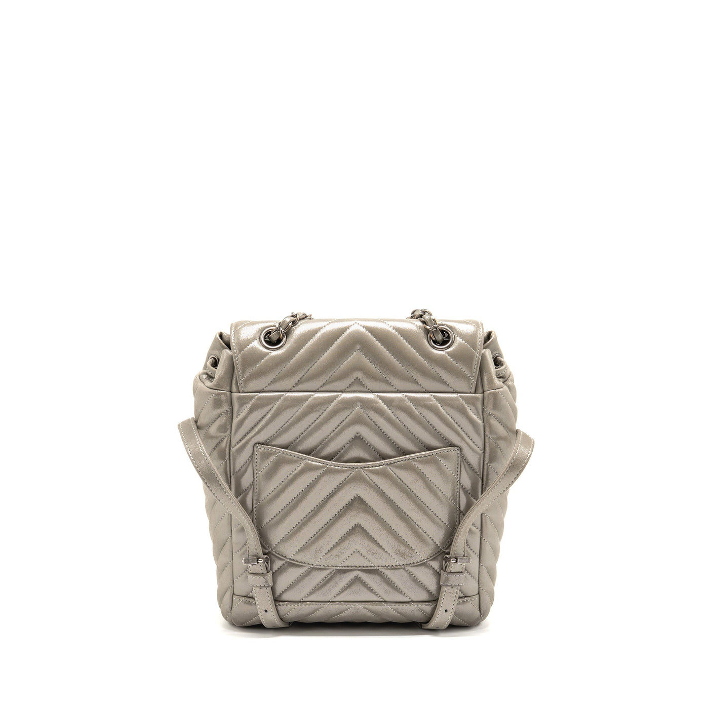 CHANEL SMALL URBAN SPIRIT BACKPACK CHEVRON CALFSKIN IRIDESCENT LIGHT GREY RUTHENIUM HARDWARE