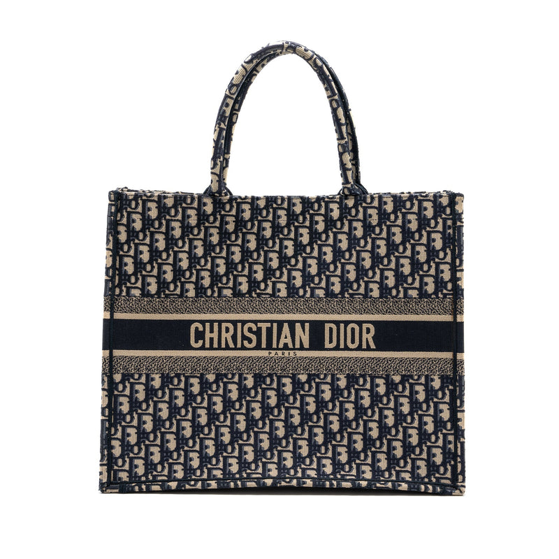 DIOR LARGE BOOK TOTE ECRU AND BLUE DIOR OBLIQUE EMBROIDERY