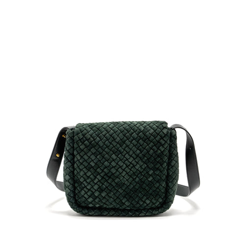 BOTTEGA VENETA COBBLE MESSENGER BAG INTRECCIATO-WOVEN PADDED SUEDE DARK GREEN GHW