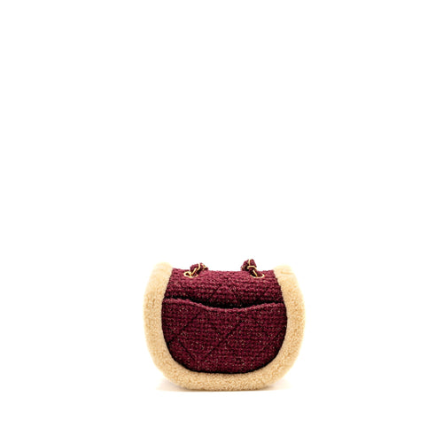 CHANEL 22K MINI MESSENGER FLAP BAG SHEARLING/TWEED BURGUNDY/BEIGE GHW (MICROCHIP)