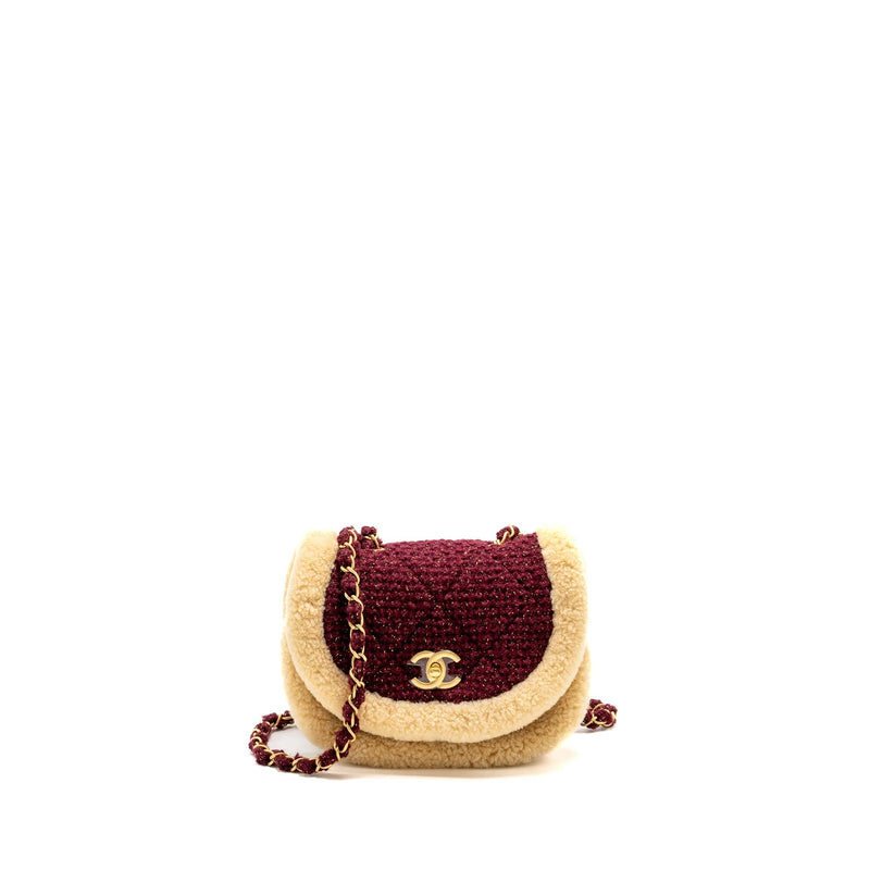 CHANEL 22K MINI MESSENGER FLAP BAG SHEARLING/TWEED BURGUNDY/BEIGE GHW (MICROCHIP)