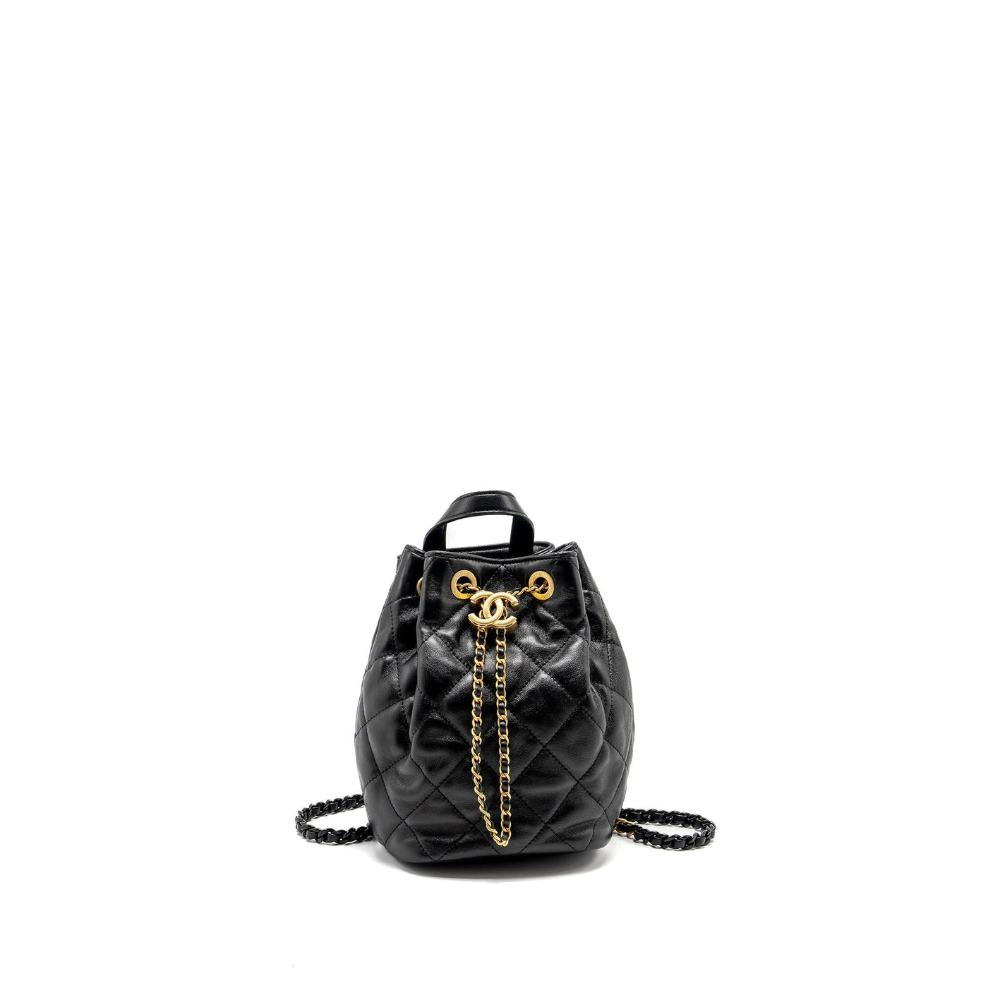 CHANEL 22S CANDY CHAINS MINI BUCKET BACKPACK LAMBSKIN BLACK GHW (MICROCHIP)