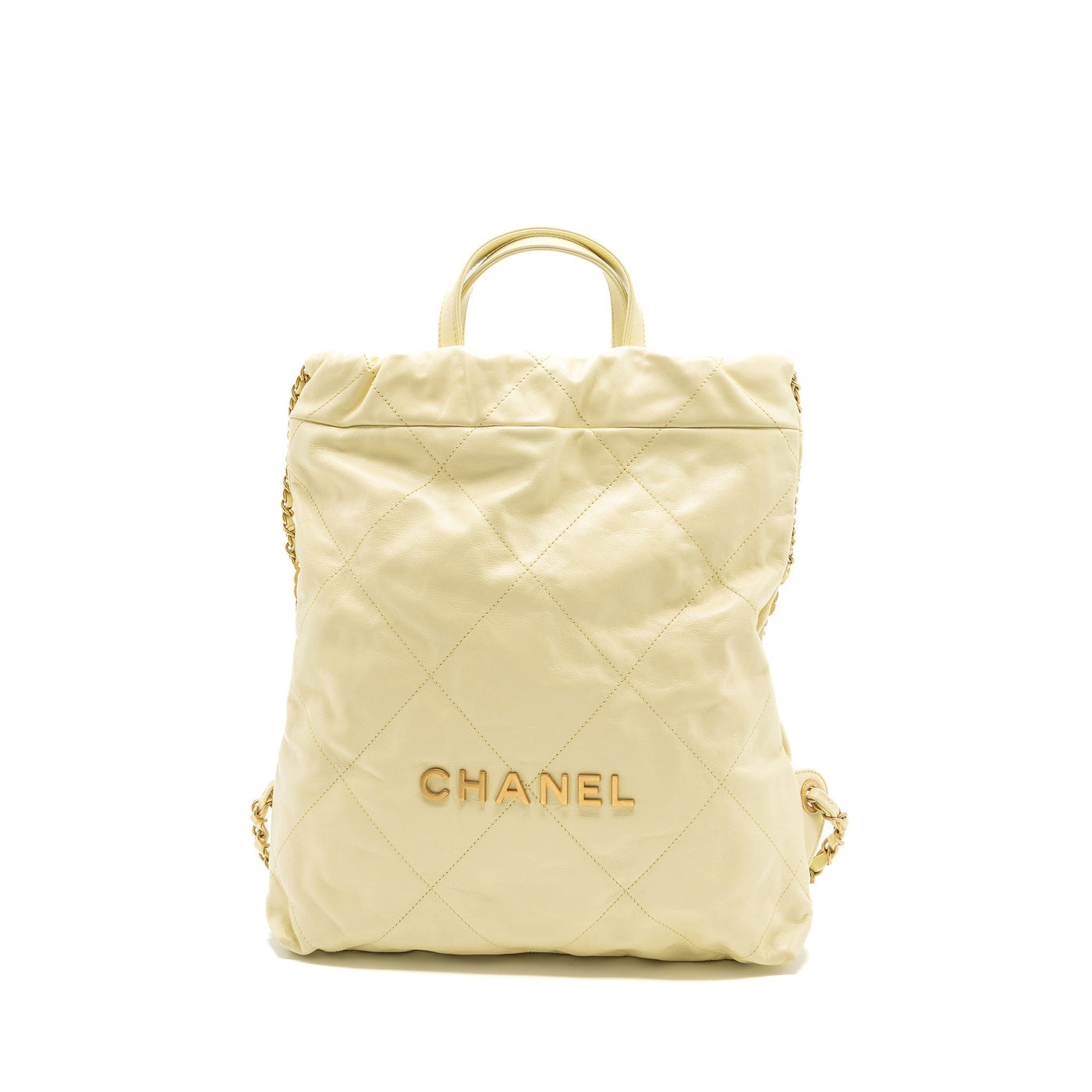 CHANEL 23P SMALL 22 BACKPACK SHINY CALFSKIN LIGHT YELLOW BRUSHED GHW(MICROCHIP)