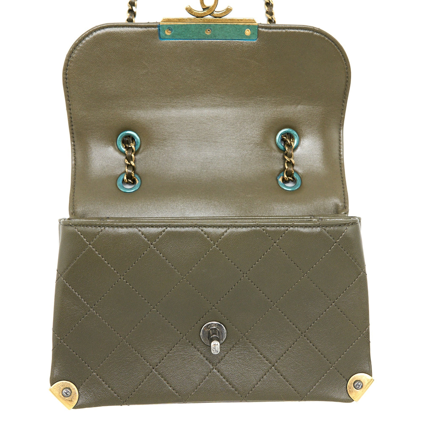 CHANEL MESSENGER FLAP BAG LAMBSKIN OLIVE GREEN RUTHENIUM GHW