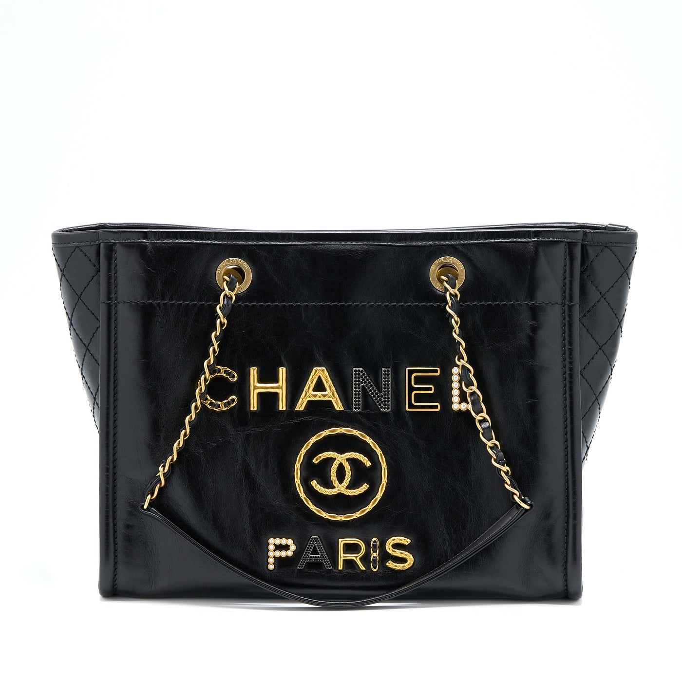 CHANEL DEAUVILLE TOTE BAG CALFSKIN BLACK WITH DETAIL LOGO GHW