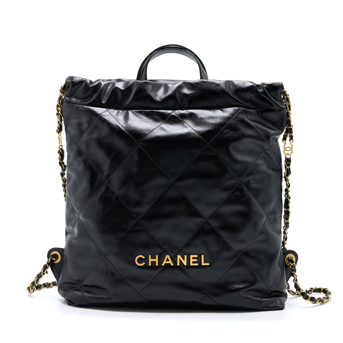 CHANEL 22 BACKPACK SHINY CALFSKIN BLACK BRUSHED GHW (MICROCHIP)