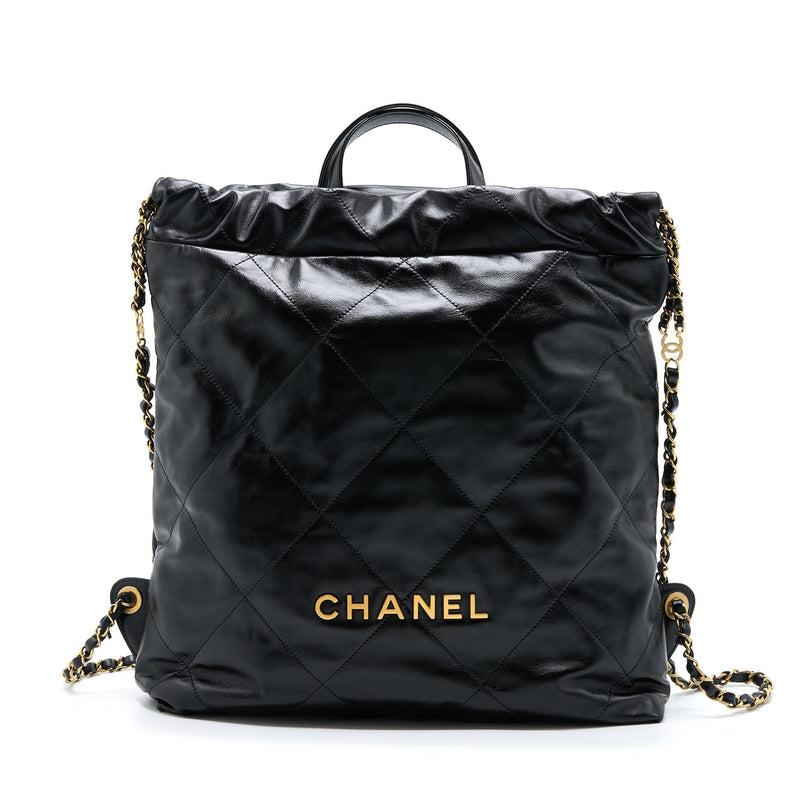 CHANEL 22 BACKPACK SHINY CALFSKIN BLACK BRUSHED GHW (MICROCHIP)