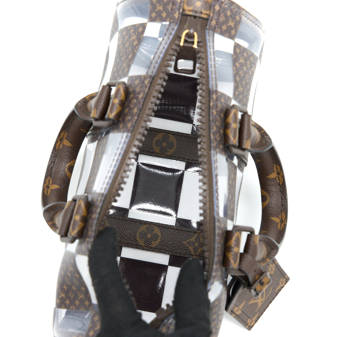 LOUIS VUITTON KEEPALL BANBOULIERE 25 MONOGRAM CHESS MONOGRAM CANVAS/TRANSPARENT PVC BROWN HARDWARE