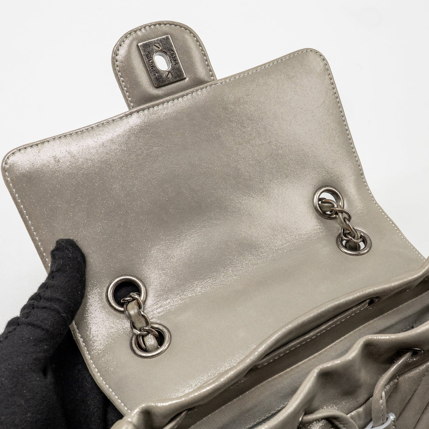 CHANEL SMALL URBAN SPIRIT BACKPACK CHEVRON CALFSKIN IRIDESCENT LIGHT GREY RUTHENIUM HARDWARE