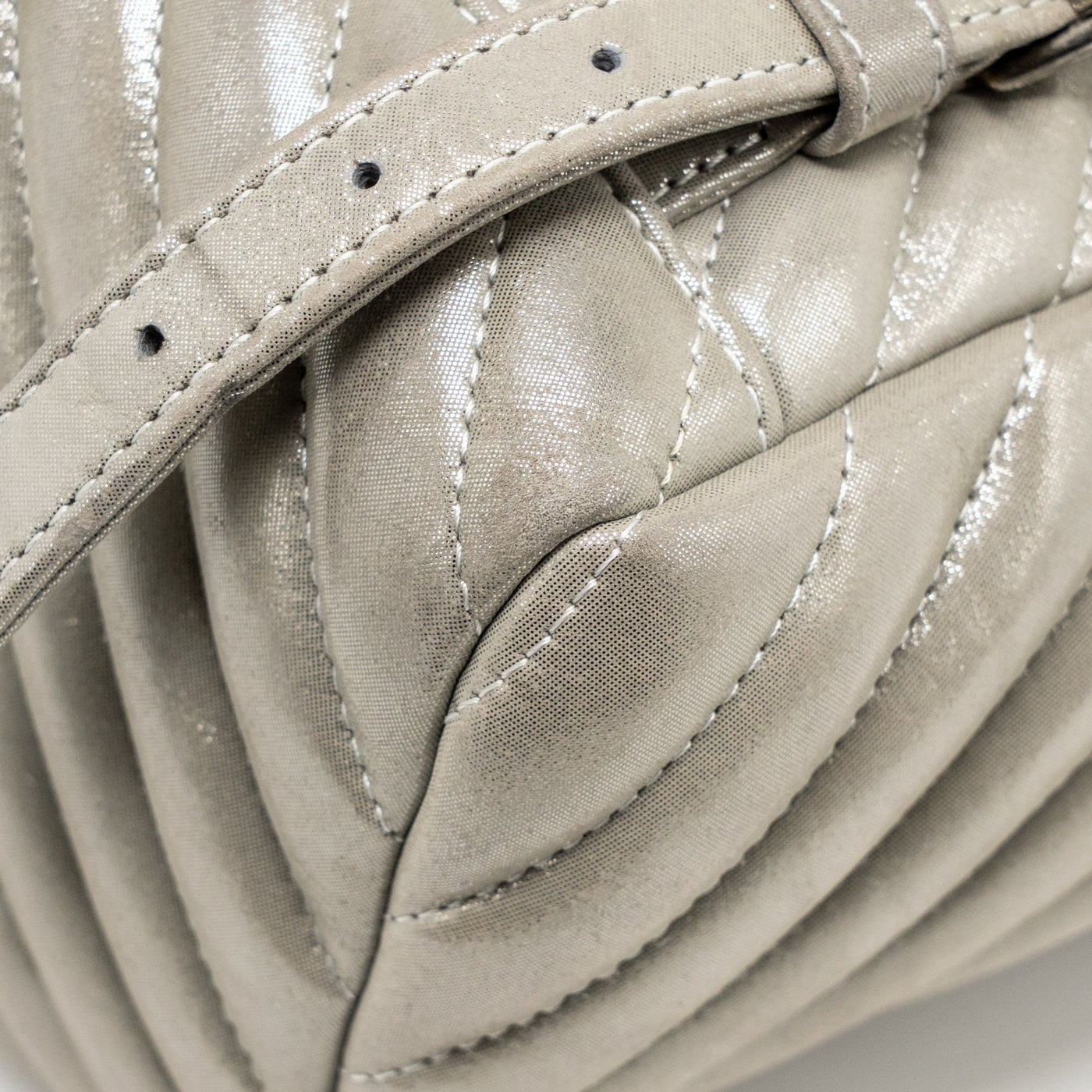 CHANEL SMALL URBAN SPIRIT BACKPACK CHEVRON CALFSKIN IRIDESCENT LIGHT GREY RUTHENIUM HARDWARE