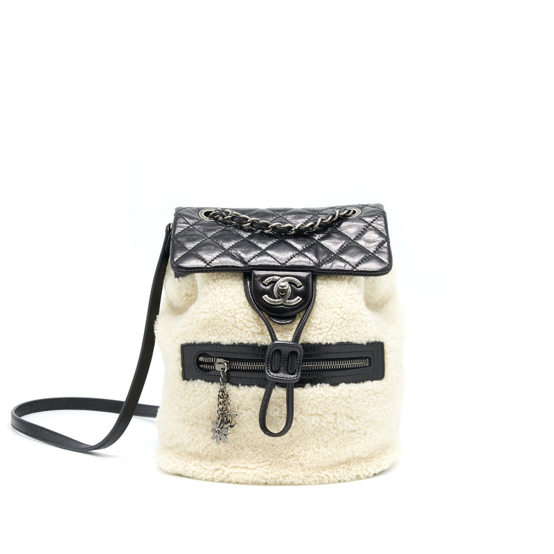 CHANEL MOUNTAIN SMALL BACKPACK SHEARLING WITH QUILTED CALFSKIN RUTHENIUM HARDWARE