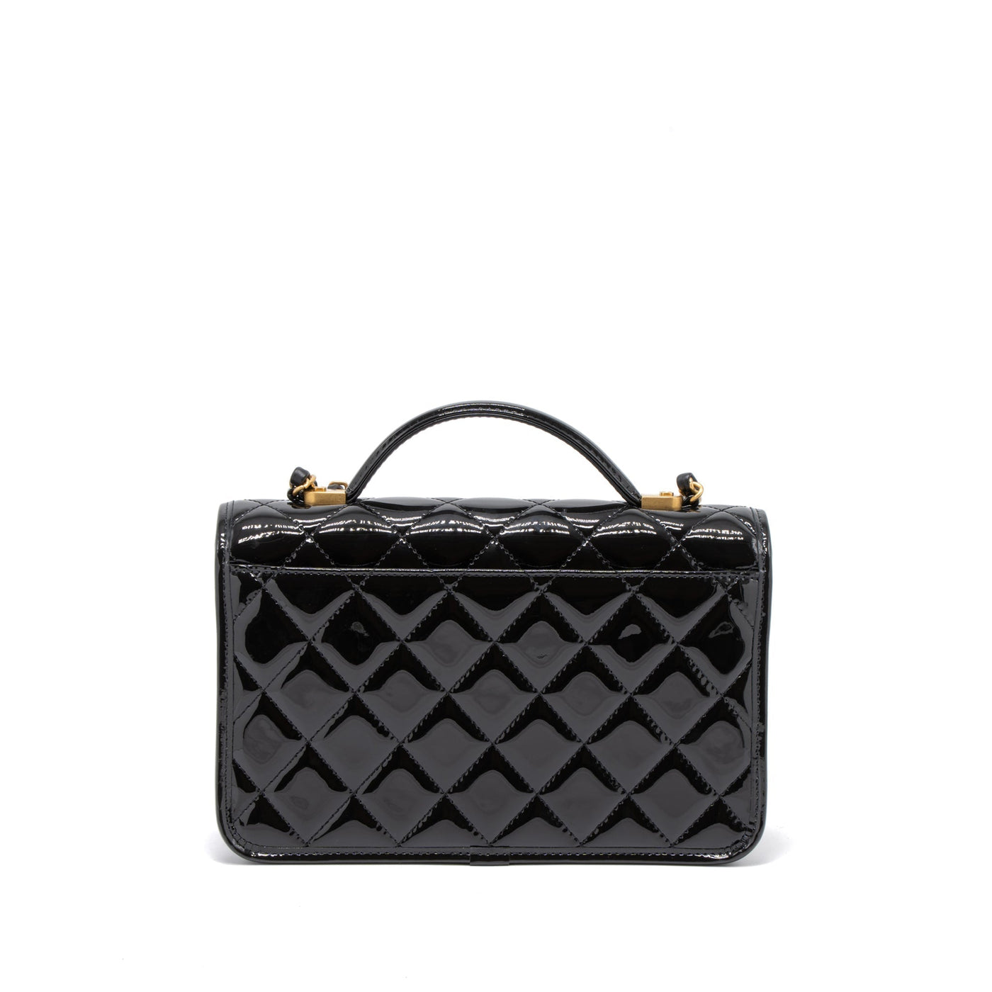 CHANEL 22K TOP HANDLE MESSENGER BAG PATENT LEATHER BLACK BRUSHED GHW (MICROCHIP)