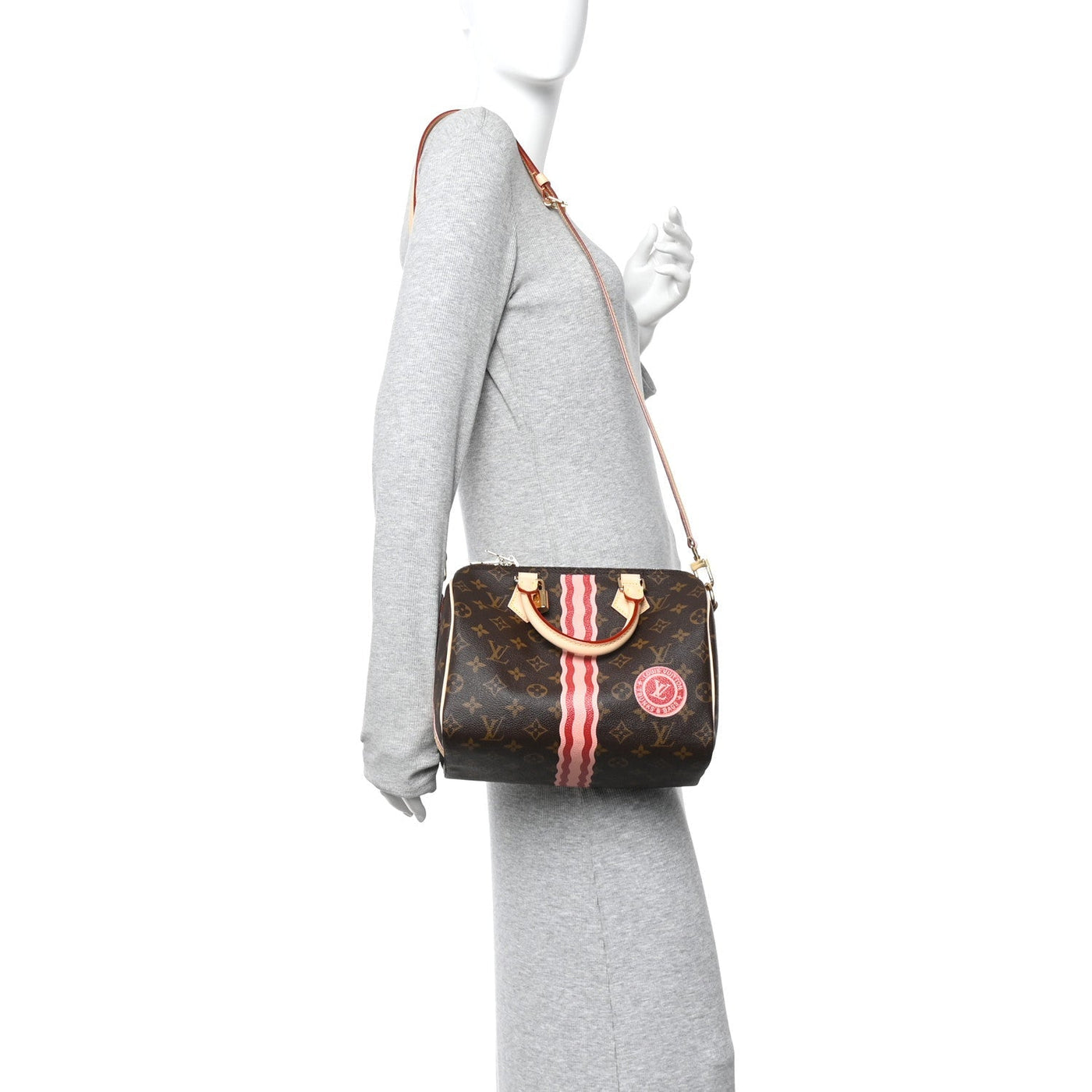 LOUIS VUITTON MON MONOGRAM SPEEDY BANDOULIERE 25 LIGHT PINK SARI RED