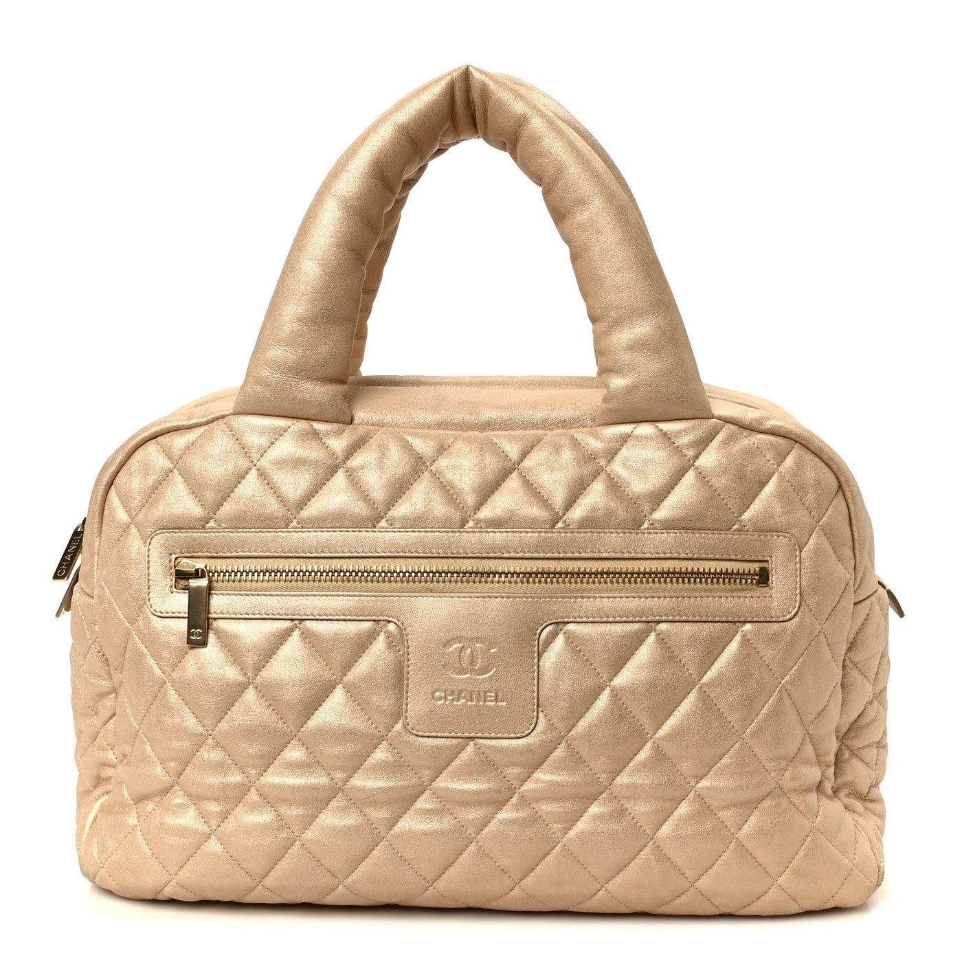 CHANEL METALLIC LAMBSKIN QUILTED COCO COCOON BOWLER LIGHT GOLD