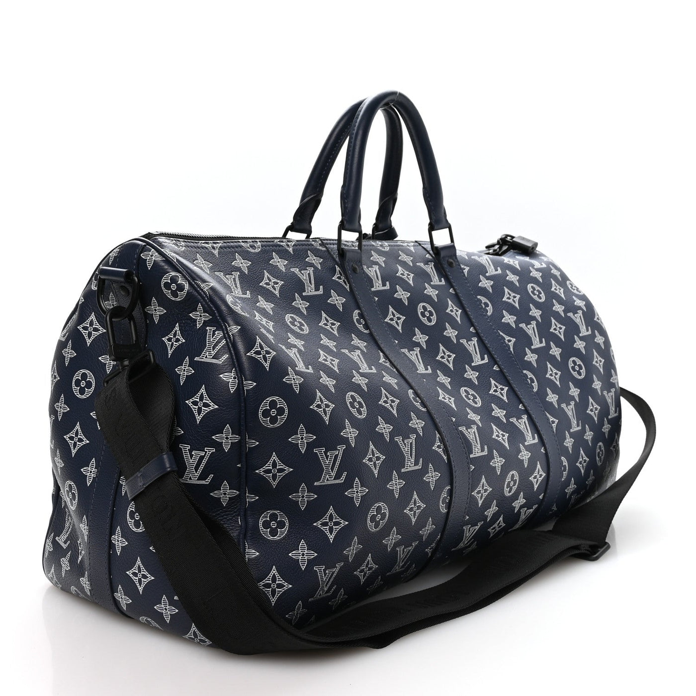 LOUIS VUITTON CALFSKIN SHADOW MONOGRAM KEEPALL BANDOULIERE 50 INK BLUE WHITE