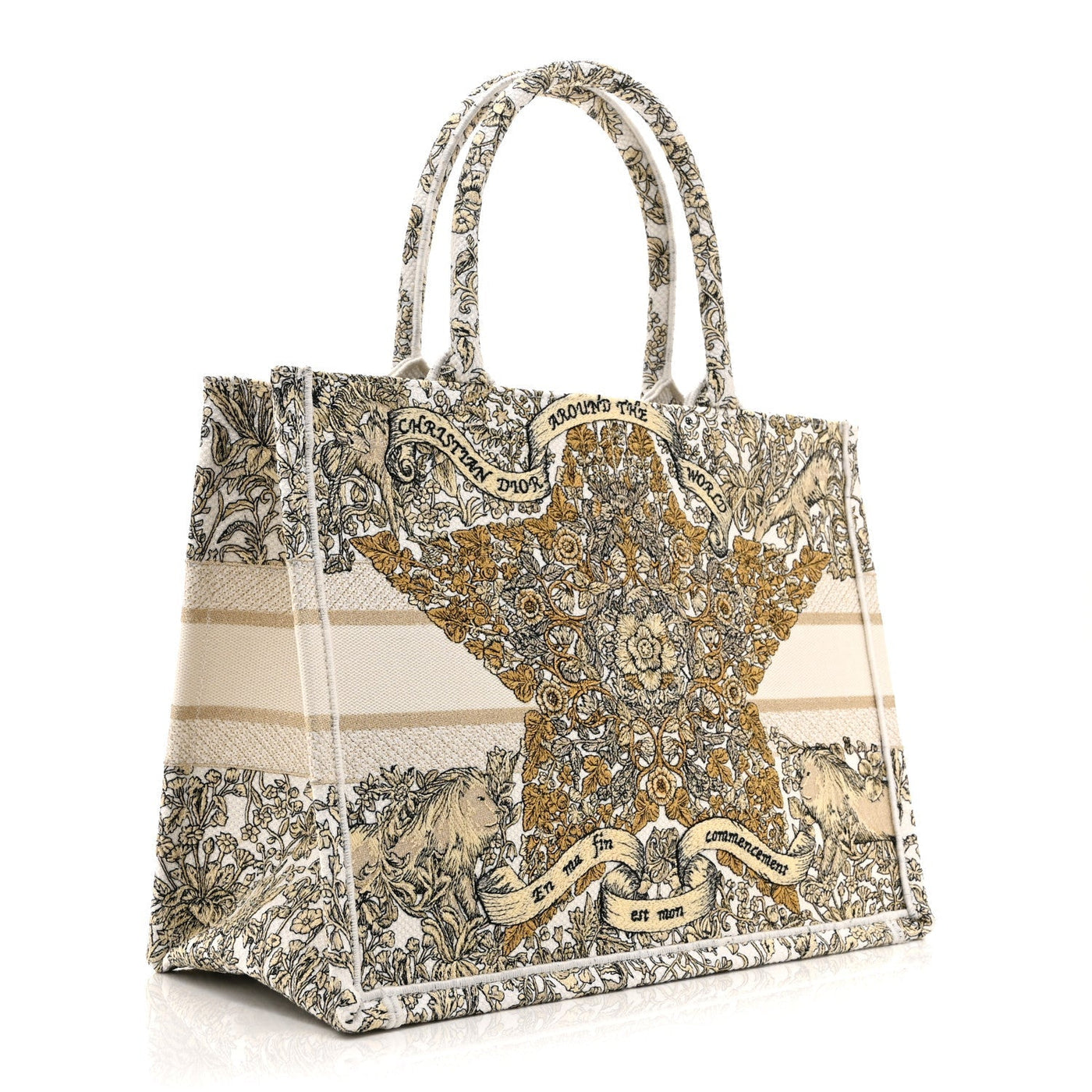 DIOR CANVAS EMBROIDERED MEDIUM AROUND THE WORLD BOOK TOTE GOLD