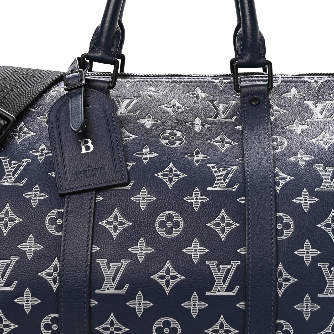 LOUIS VUITTON CALFSKIN SHADOW MONOGRAM KEEPALL BANDOULIERE 50 INK BLUE WHITE